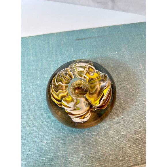 Vintage Paperweight Hand Blown Glass Hollow Center Small Art Glass Yellow Brown - Picture 2 of 6